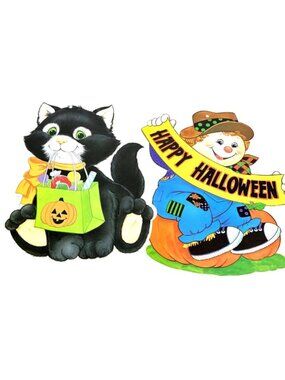 Cut Out Wall Decor Halloween Trick or Treat Cat Scarecrow Double Sided Lot of 2